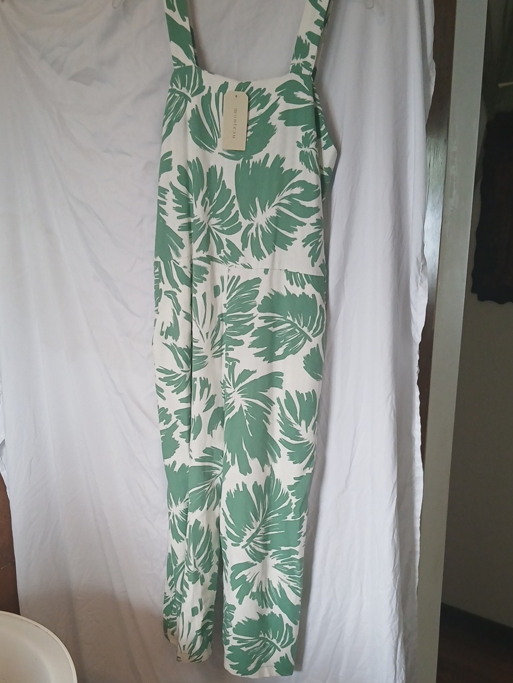 NWT Monteau Fun Summer Jumpsuit! Cream and Green Floral Wide-Leg Jumpsuit